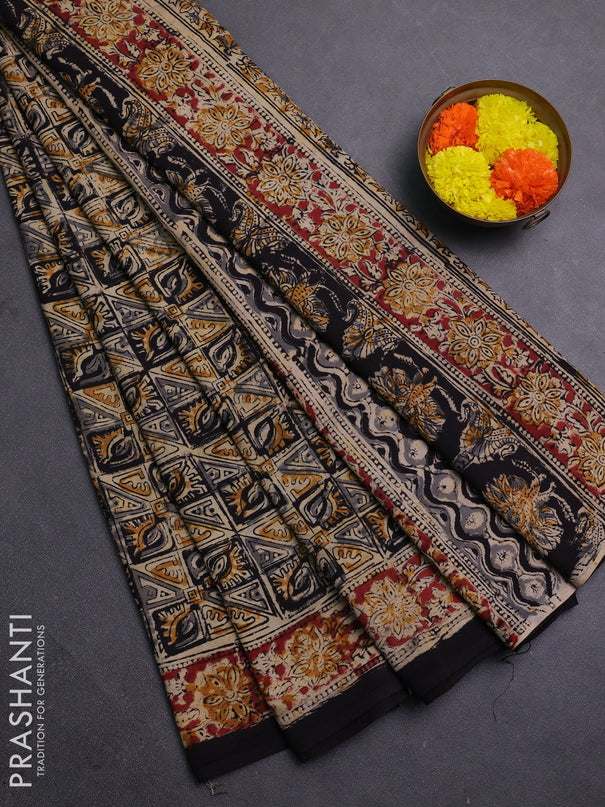 Beige & Maroon Kalamkari Cotton Saree