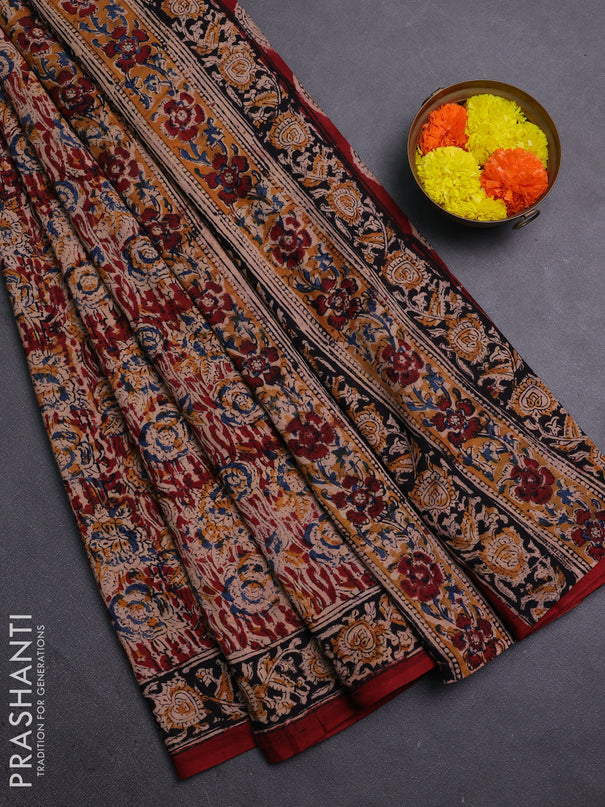 Beige & Maroon Kalamkari Cotton Saree