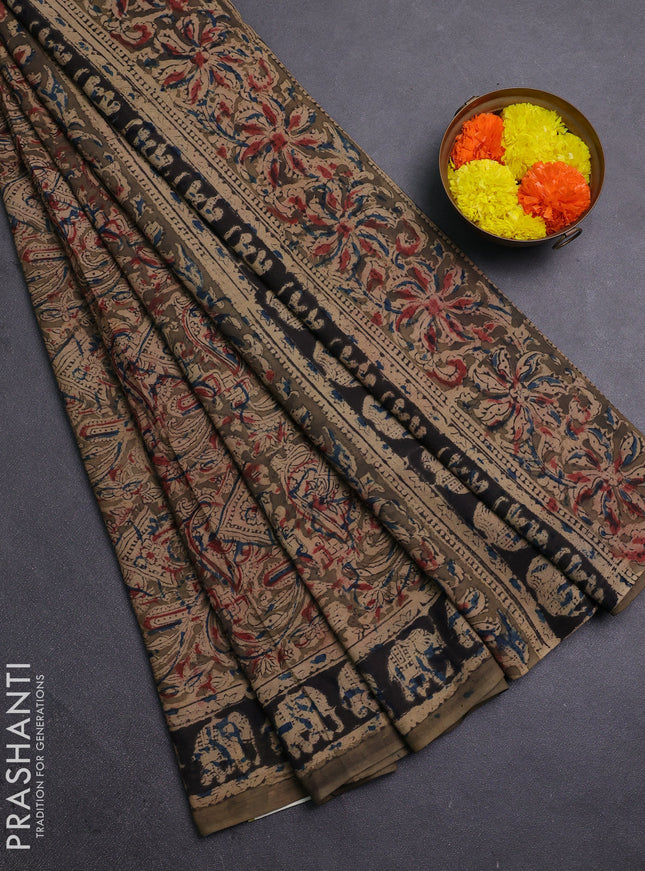 Olive Green & Black Kalamkari Cotton Saree