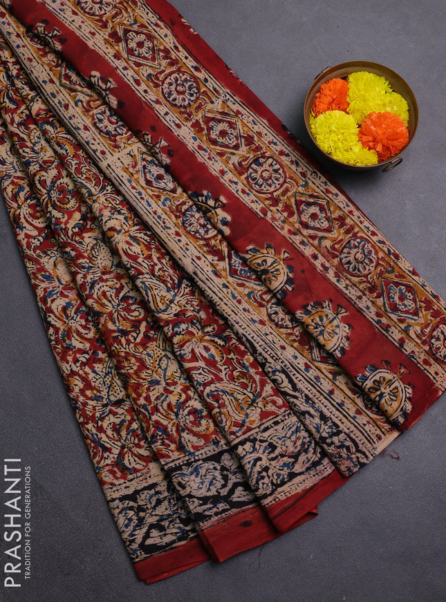 Maroon & Blue Kalamkari Cotton Saree