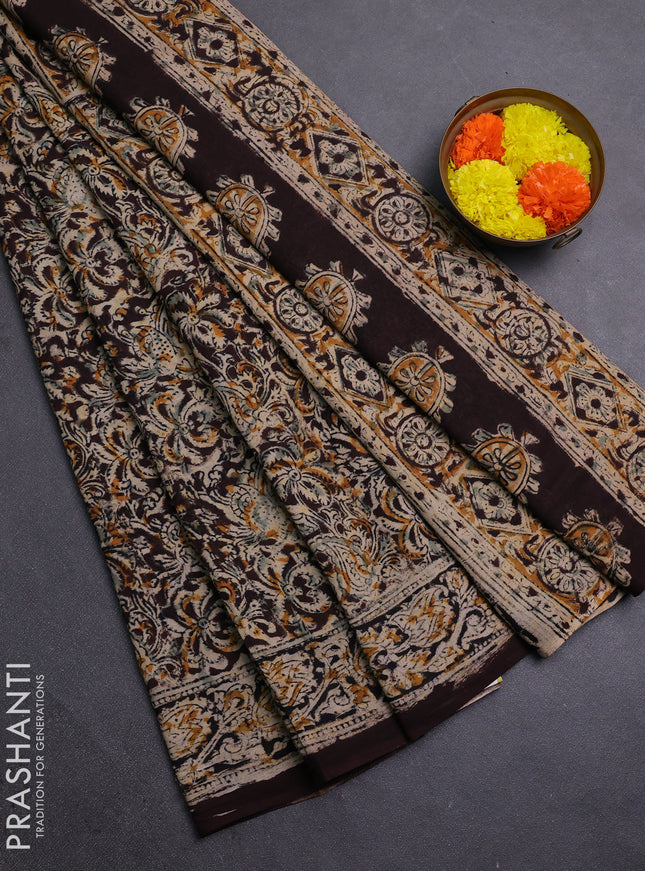 Beige & Coffee Brown Kalamkari Cotton Saree