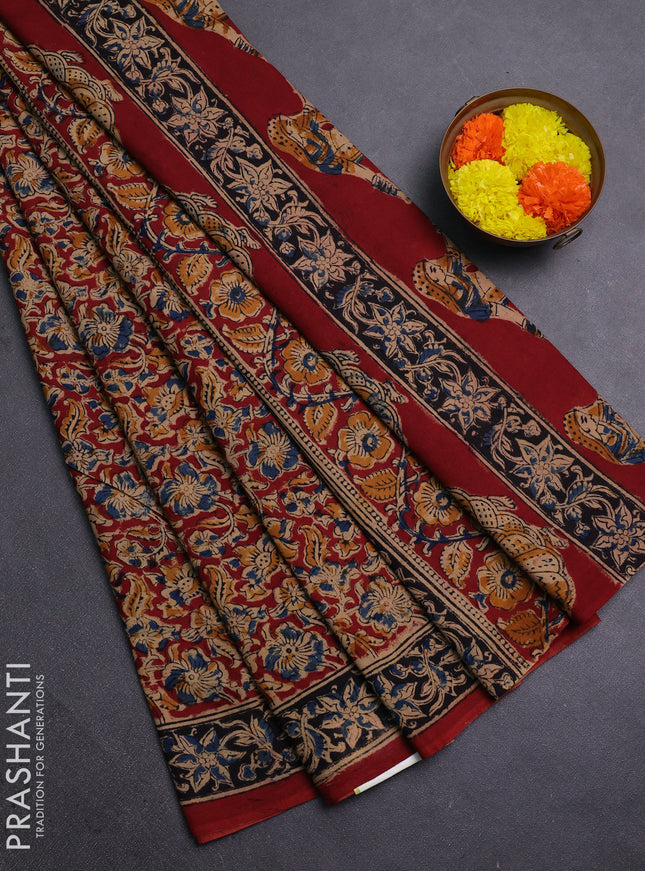 Beige & Maroon Kalamkari Cotton Saree
