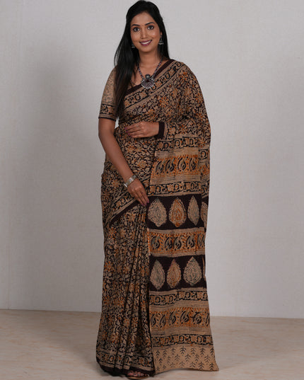 Coffee Brown & Black Kalamkari Cotton Saree
