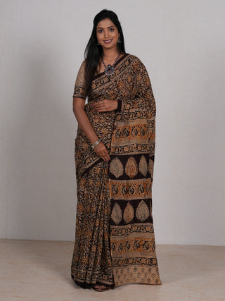 Coffee Brown & Black Kalamkari Cotton Saree