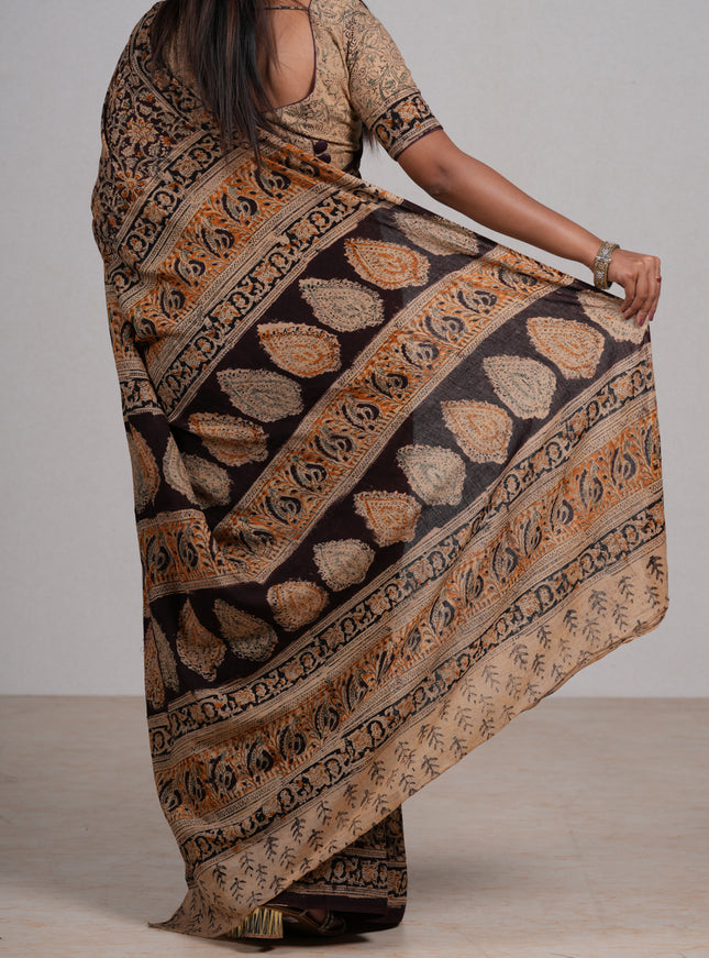 Coffee Brown & Black Kalamkari Cotton Saree