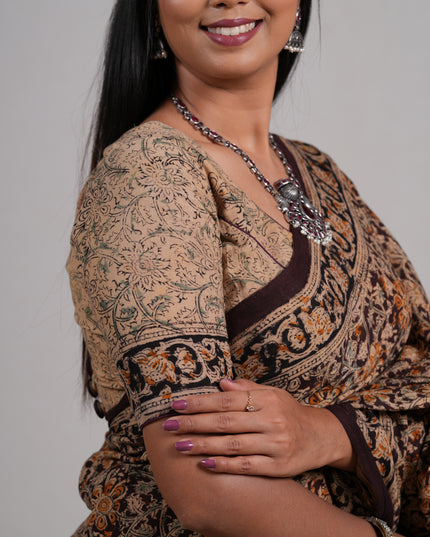 Coffee Brown & Black Kalamkari Cotton Saree