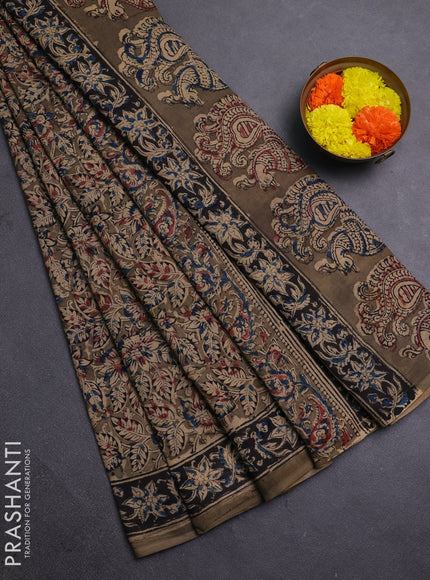 Beige & Olive Green Kalamkari Cotton Saree