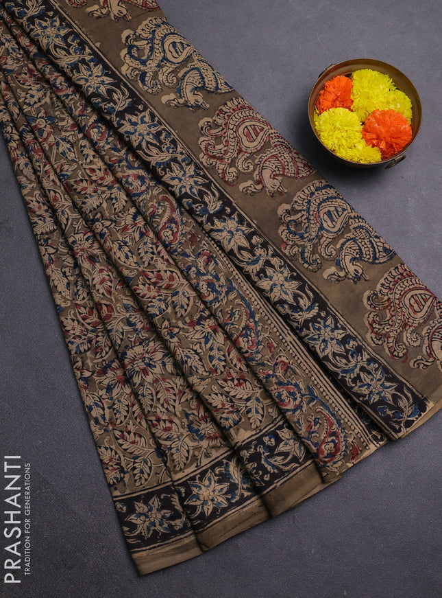 Beige & Olive Green Kalamkari Cotton Saree