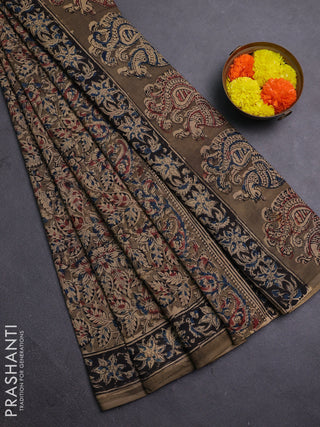 Beige & Olive Green Kalamkari Cotton Saree