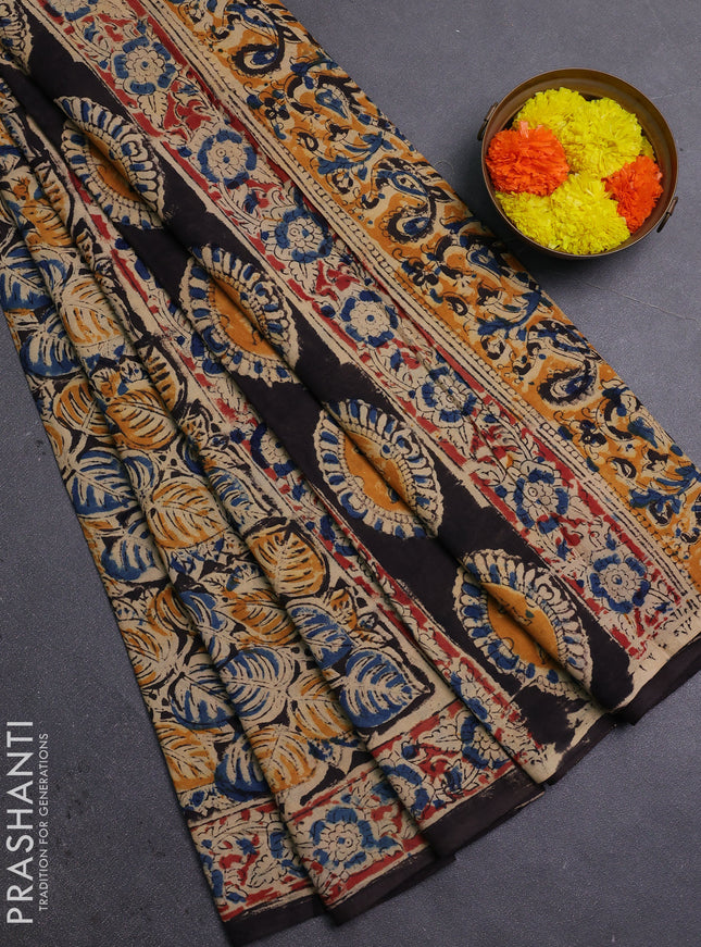Beige & Blue Kalamkari Cotton Saree