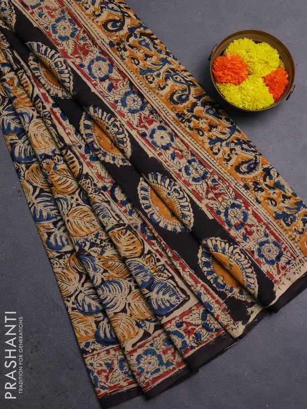Beige & Blue Kalamkari Cotton Saree