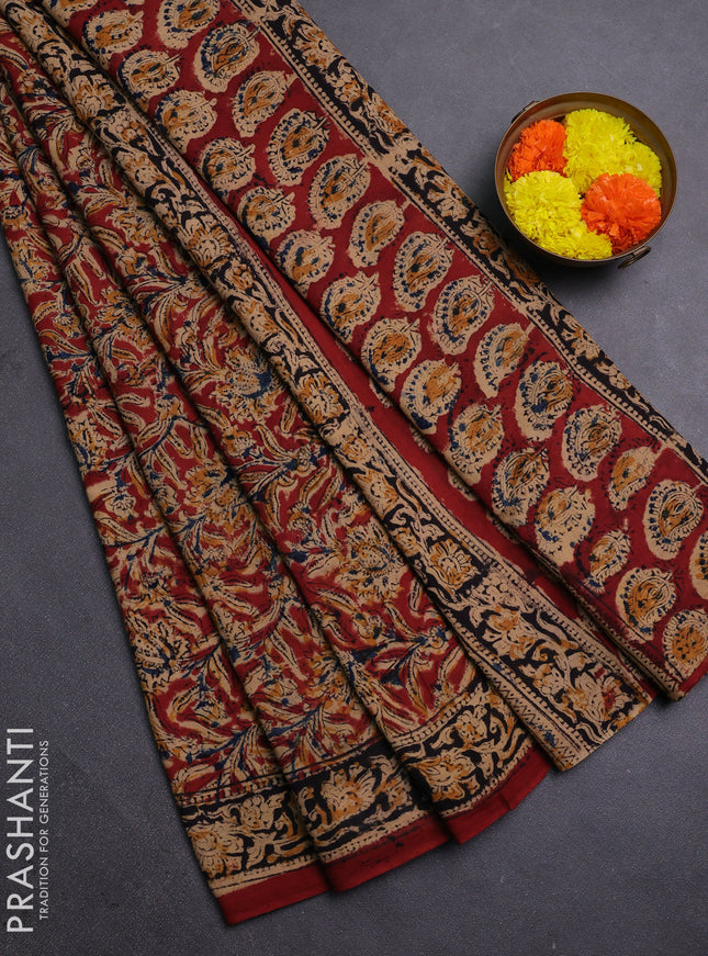 Beige & Maroon Kalamkari Cotton Saree
