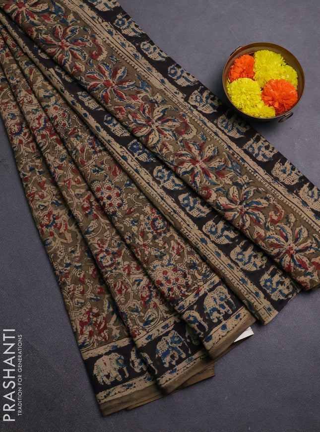 Beige & Olive Green Kalamkari Cotton Saree