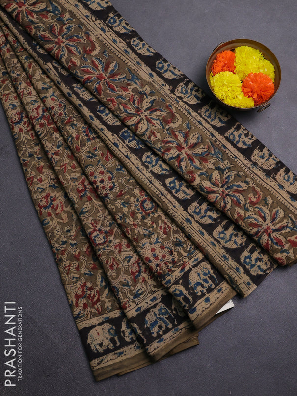 Beige & Olive Green Kalamkari Cotton Saree