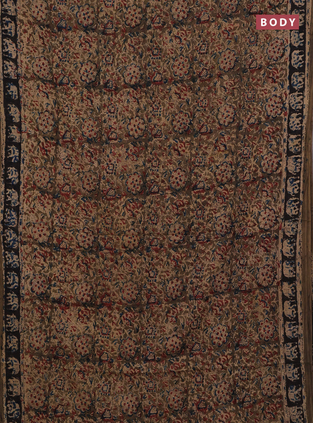 Beige & Olive Green Kalamkari Cotton Saree
