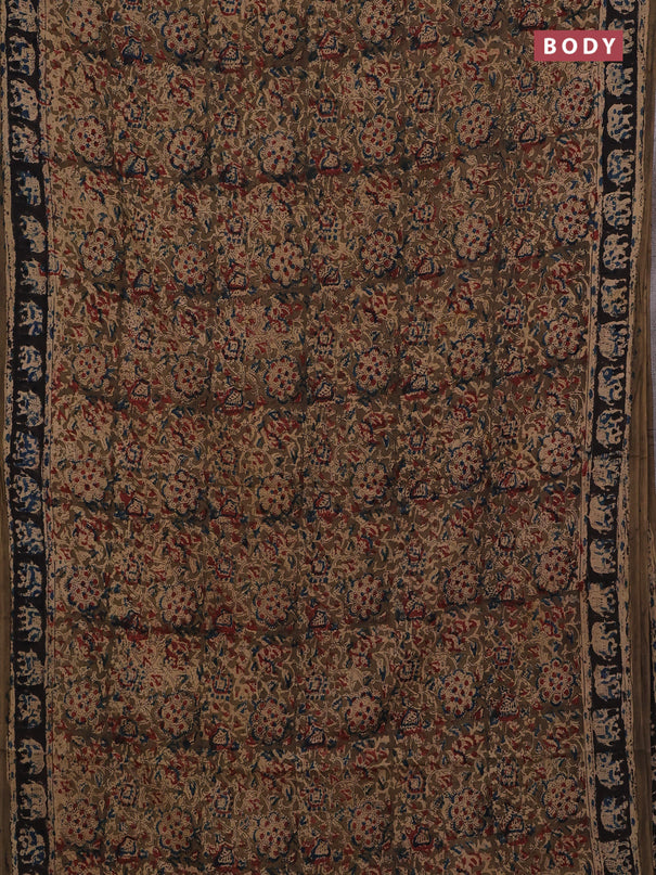 Beige & Olive Green Kalamkari Cotton Saree