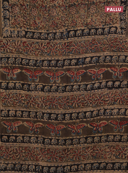 Beige & Olive Green Kalamkari Cotton Saree