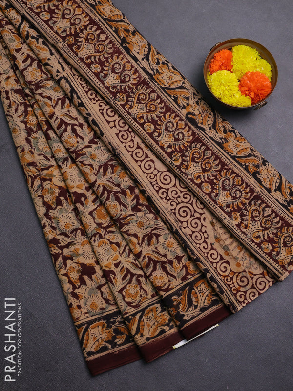 Beige & Coffee Brown Kalamkari Cotton Saree