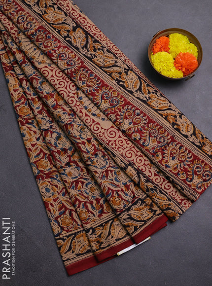 Beige & Maroon Kalamkari Cotton Saree