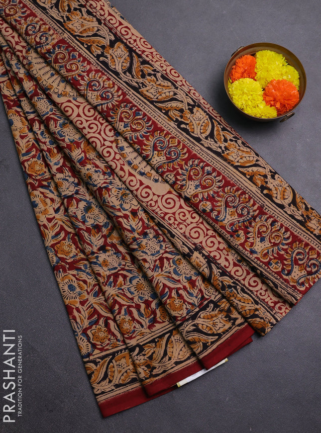 Beige & Maroon Kalamkari Cotton Saree
