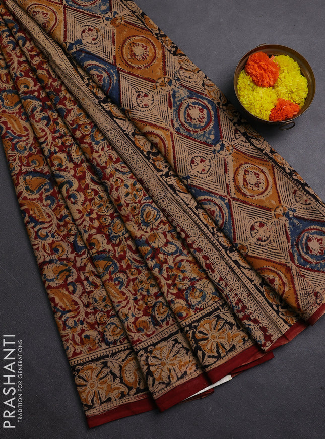Mustard Yellow & Maroon Kalamkari Cotton Saree