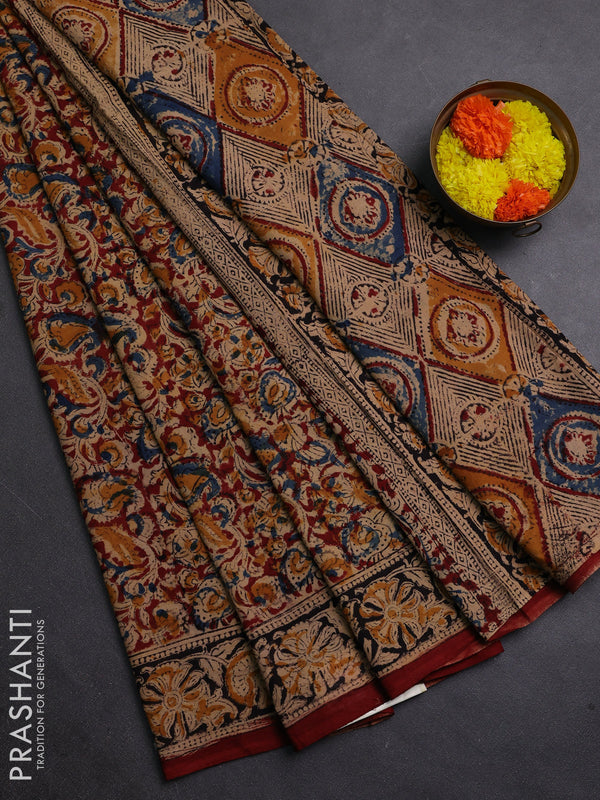 Mustard Yellow & Maroon Kalamkari Cotton Saree