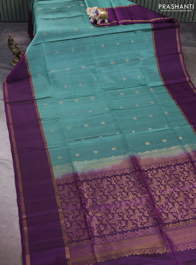 Green & Violet Pure Soft Silk Saree - Buttas