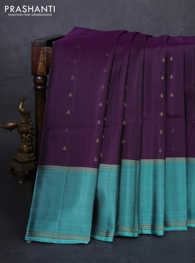 Violet & Teal Blue Pure Soft Silk Saree - Buttas