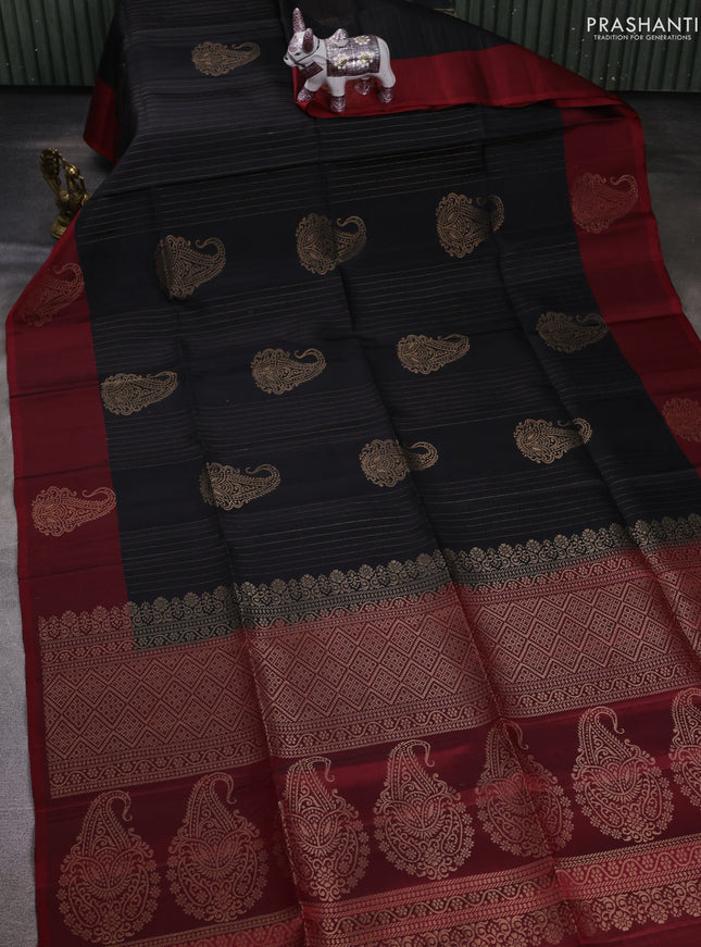 Black & Red Pure Soft Silk Saree - Buttas