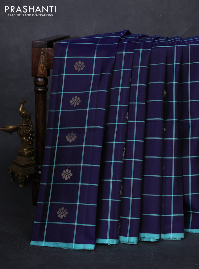 Navy Blue & Teal Blue Pure Soft Silk Saree - Buttas
