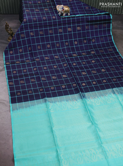 Navy Blue & Teal Blue Pure Soft Silk Saree - Buttas