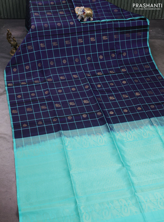 Navy Blue & Teal Blue Pure Soft Silk Saree - Buttas
