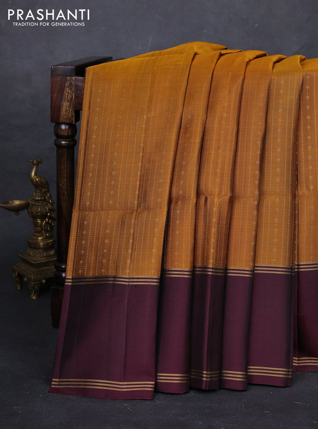 Mustard Yellow & Wine Pure Soft Silk Saree - Buttas