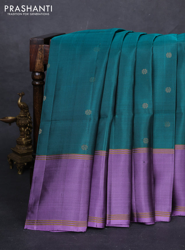 Peacock Green & Lavender Pure Soft Silk Saree - Buttas