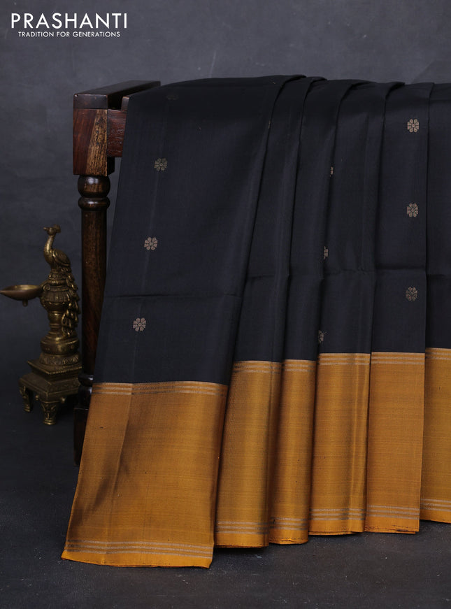 Black & Mustard Yellow Pure Soft Silk Saree - Buttas