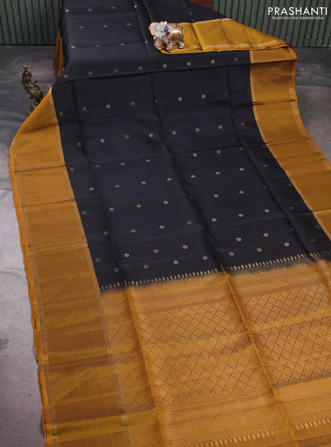 Black & Mustard Yellow Pure Soft Silk Saree - Buttas