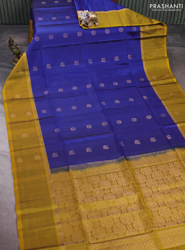Blue & Mustard Yellow Pure Soft Silk Saree - Buttas