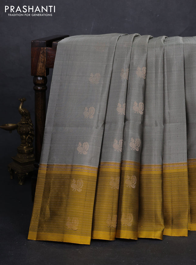 Grey & Mustard Yellow Pure Soft Silk Saree - Buttas