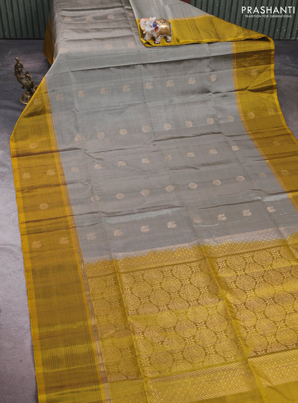 Grey & Mustard Yellow Pure Soft Silk Saree - Buttas