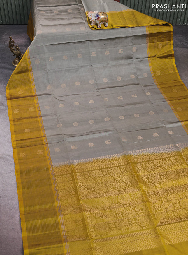 Grey & Mustard Yellow Pure Soft Silk Saree - Buttas