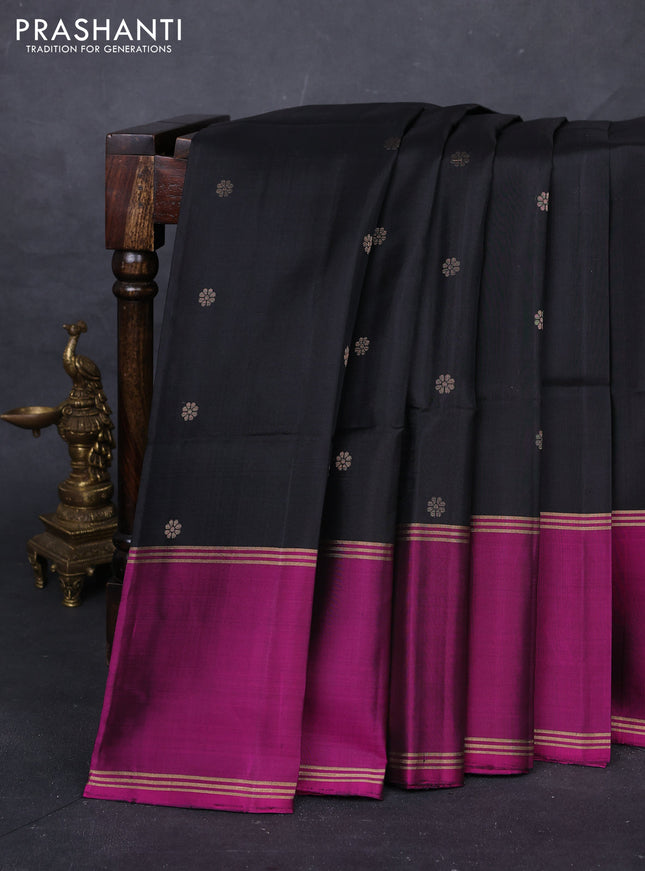 Black & Magenta Pink Pure Soft Silk Saree - Buttas