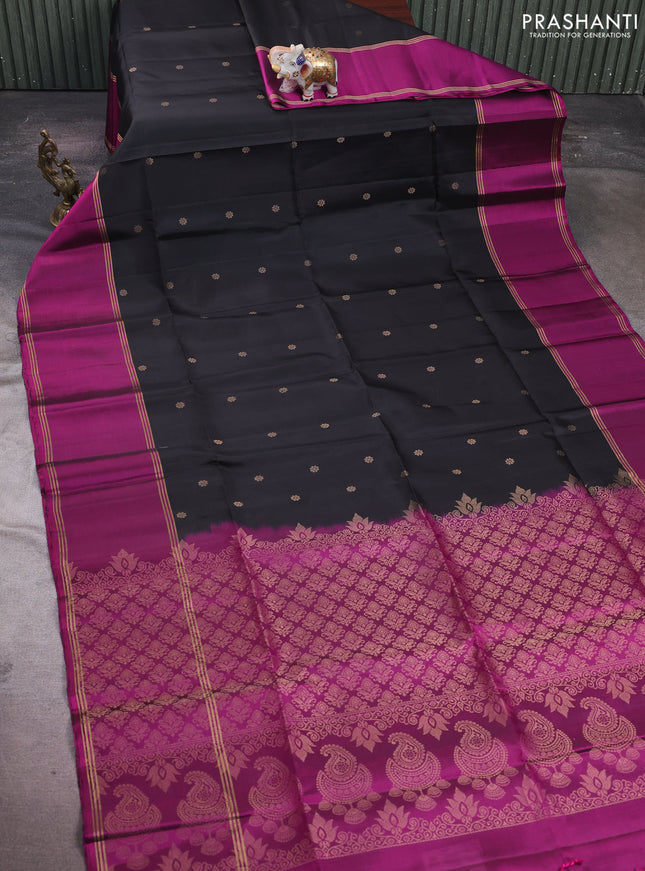 Black & Magenta Pink Pure Soft Silk Saree - Buttas