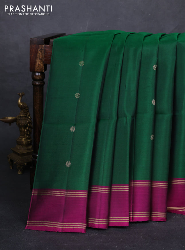 Green & Magenta Pink Pure Soft Silk Saree - Buttas