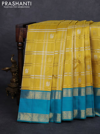 Yellow & Teal Blue Pure Kanchipuram Silk Saree