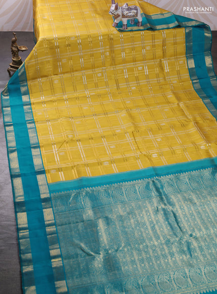 Yellow & Teal Blue Pure Kanchipuram Silk Saree