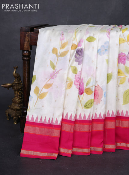 Cream & Pink Pure Gadwal Silk - Hand Painted