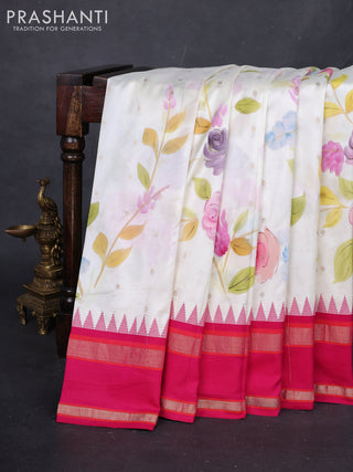Cream & Pink Pure Gadwal Silk - Hand Painted