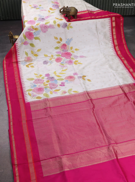 Cream & Pink Pure Gadwal Silk - Hand Painted