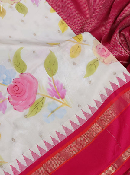 Cream & Pink Pure Gadwal Silk - Hand Painted