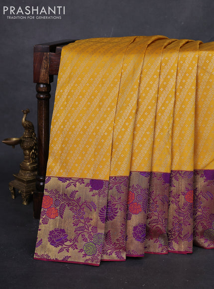 Yellow & Purple Pure Kanchipuram Silk - Minakari Border
